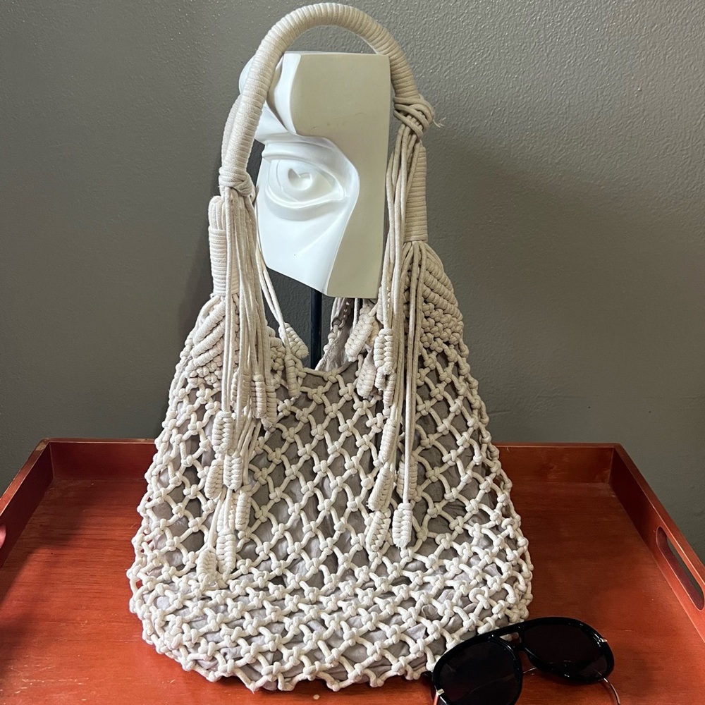Monserat De Lucca Cream Macramé Shoulder Bag